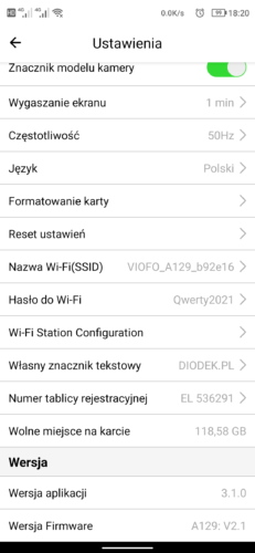 Viofo A129-G DUO Android app menu